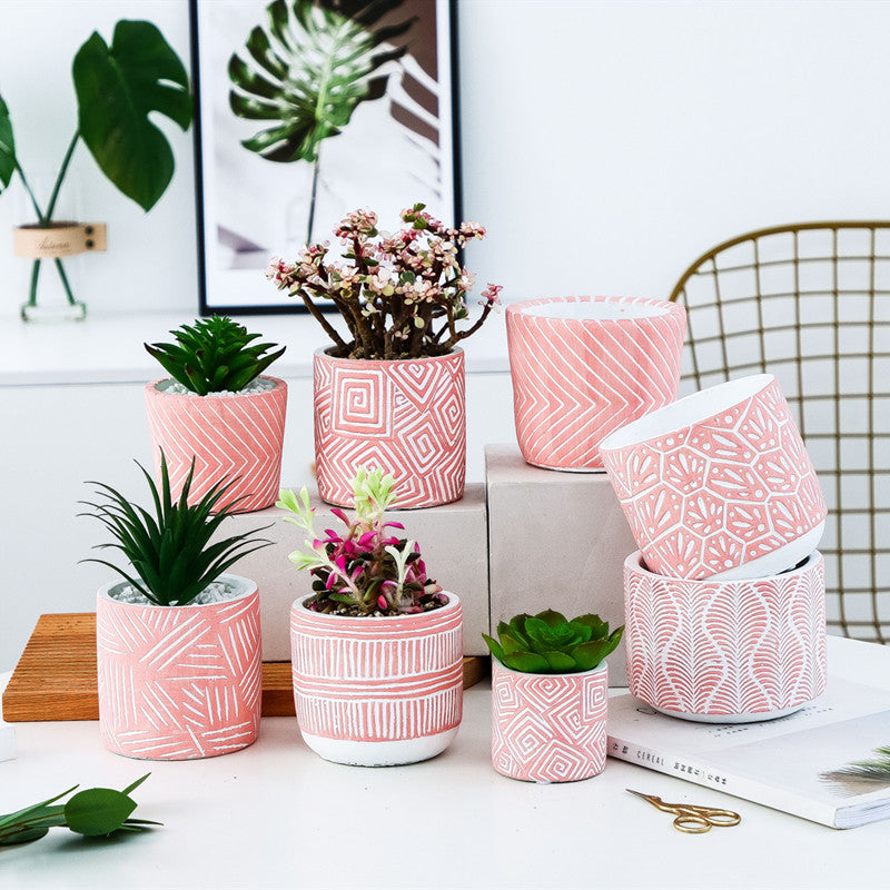 Pink Patterned Cement Planter