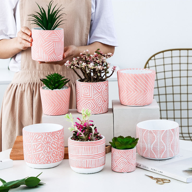 Pink Patterned Cement Planter